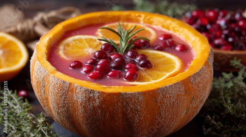 Pumpkin-spiced cranberry-orange soup, autumn equinox feast, culinary harvest festival, vibrant seasonal fusion in rustic gourd bowl
