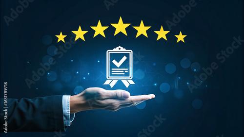 Hand displays quality assurance icon, stars, with a bokeh texture on a navy backdrop for branding and website graphics.