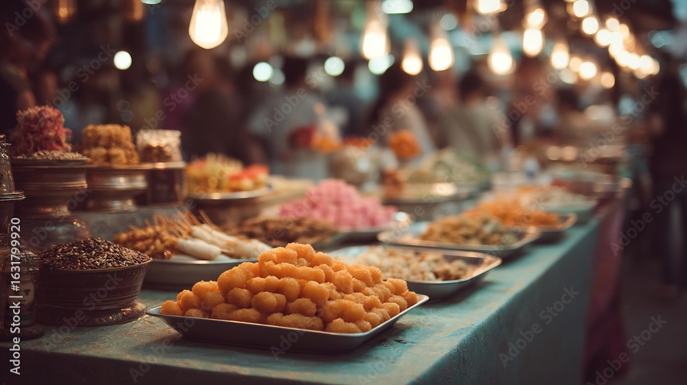 Fototapeta premium Vibrant street food market showcasing a variety of colorful dishes and desserts