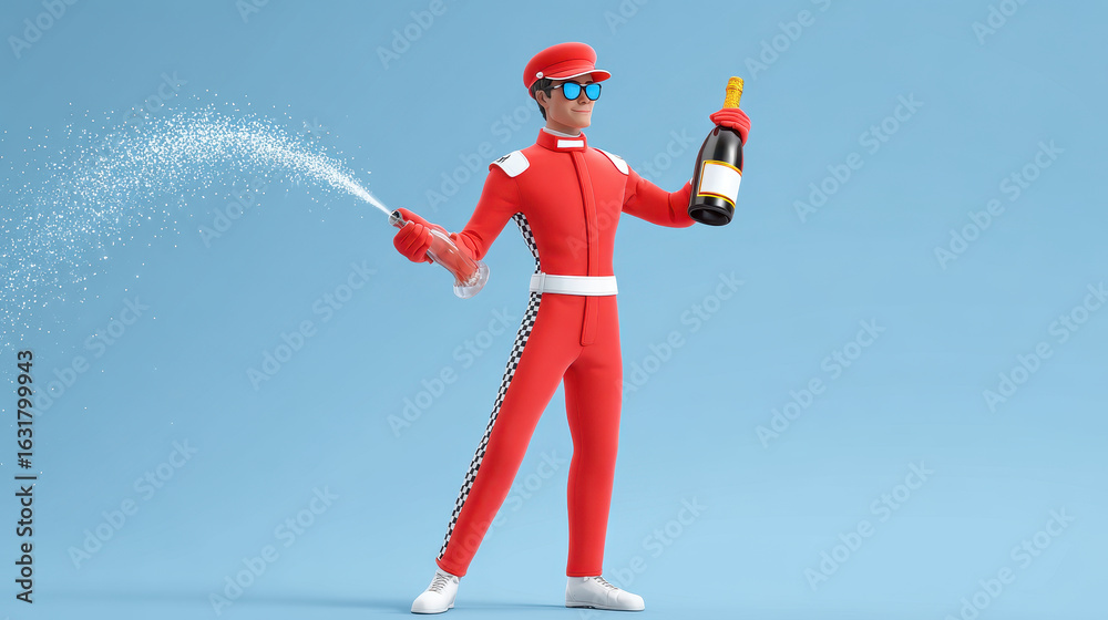 Obraz premium Race car driver celebrating with champagne bottle spraying sparkling liquid on blue background