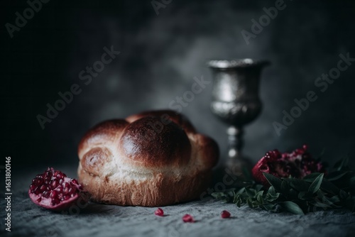 Golden challah beside split pomegranate and silver goblet, symbolizing Sabbath serenity and Rosh Hashanah's sweet renewal