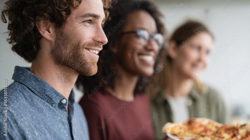 Fototapeta premium Smiling friends, diverse ethnicities, share laughter over homemade pizza, sparking joy akin to Friendsgiving and World Laughter Day