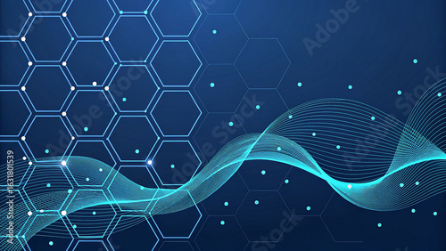 Blue abstract background features hexagon grid, flowing lines. Tech feel. Ideal for presentations, website backgrounds, and social media graphics.