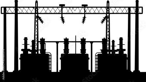 "Minimalist black and white illustration of a power substation, showing transformers, metal frameworks, and electrical poles in a horizontal layout, designed in a functional, technical drawing style."