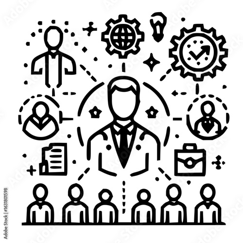 Illustration of a business leader connecting with team members and strategic business elements around them