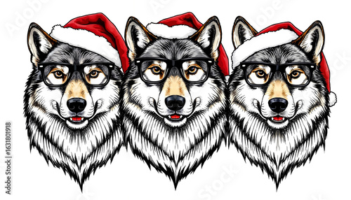 Three festive wolves wearing Santa hats and glasses in cartoon style  