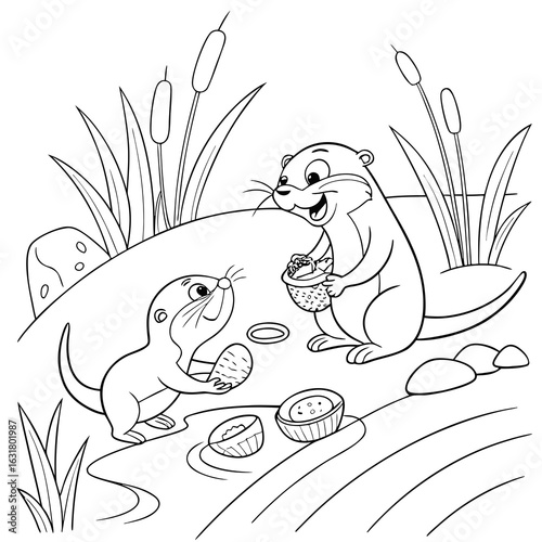 black and white Otter family playing with shells in river, reeds background, coloring page of vector illustration