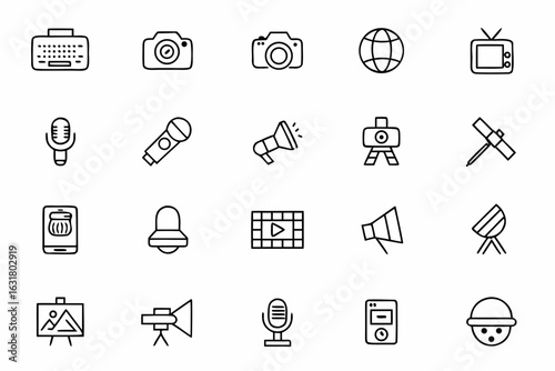 Minimalist line art illustrations focusing on tools and symbols of field reporters and press agencies. Great for editorial layouts and media startup kits.