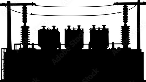 "Black and white schematic silhouette of an industrial electrical substation, viewed from a slightly elevated angle, with large transformers and power equipment aligned horizontally, wires stretching 