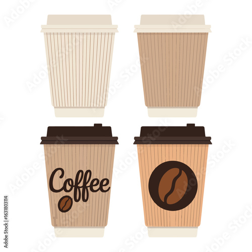 Set of four stylized disposable coffee cups with lids