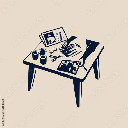 A person creating a diy vision board engraved vintage image. Vector illustration.