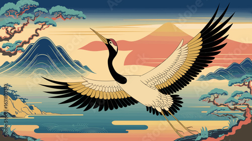 Flying crane over mountains and water – Great for nature themes, traditional landscape artwork, or peaceful interior designs