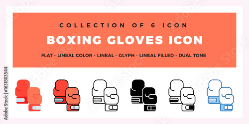 Boxing Gloves Icon Set. Flat. Lineal. Glyph. and Dual Tone Styles