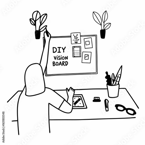 A person creating a diy vision board outline simple image. Flat style. Vector illustration.