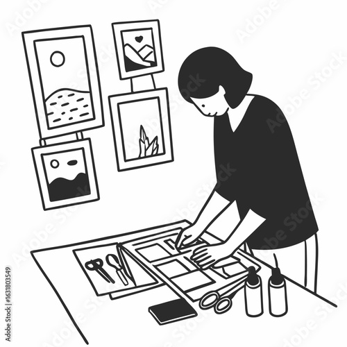 A person creating a diy vision board outline simple image. Flat style. Vector illustration.