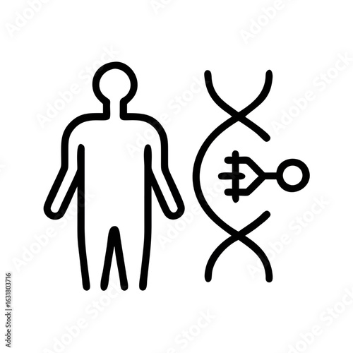 Human and DNA connection icon with electric plug in minimal line style – biotechnology, genetic engineering, bioinformatics, human augmentation, and futuristic medical technology vector illustration 