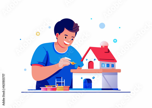 A person building a miniature model of house image. Cartoon style. Vector illustration.