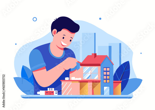 A person building a miniature model of house image. Cartoon style. Vector illustration.