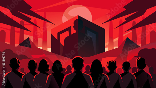 Silhouette of a crowd facing a building with a figure in red industrial landscape at sunset