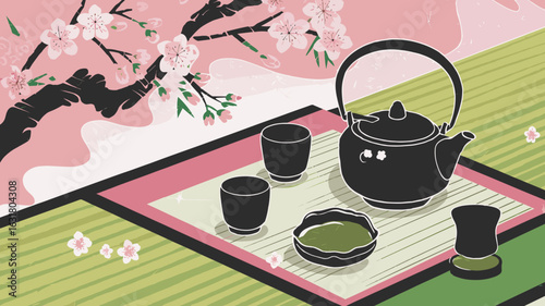 Traditional Japanese tea set on tatami mat with cherry blossoms – Perfect for wellness branding, cultural education materials, or tranquil lifestyle visuals.