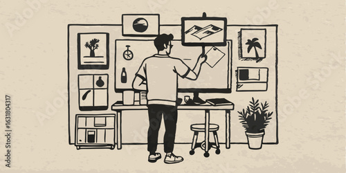 A person creating a diy vision board monochrome vintage image. Flat vector illustration.