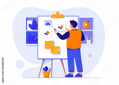 A person creating a diy vision board image. Cartoon style. Vector illustration.