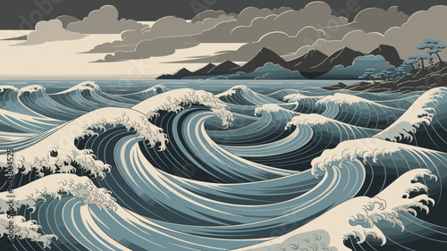 Stormy sea and mountains in Ukiyo-e style – Suitable for drama-themed branding, weather concepts, or marine illustrations