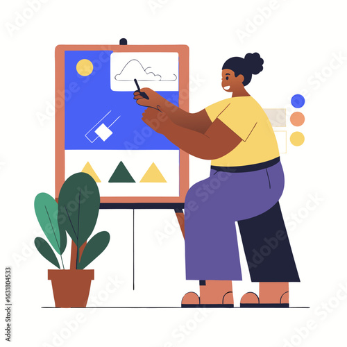 A person creating a diy vision board image. Flat image isolated on white background. Vector illustration.