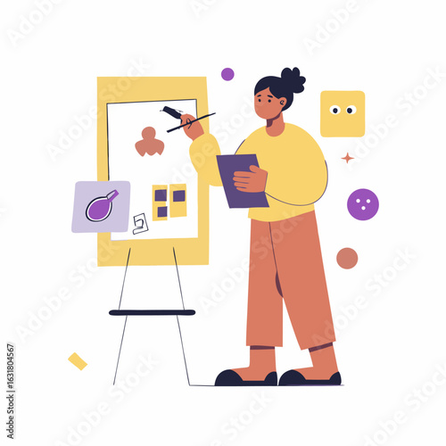 A person creating a diy vision board image. Flat image isolated on white background. Vector illustration.
