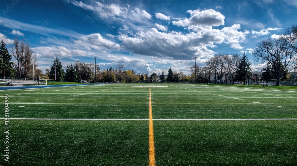Brightly lit grassy field under a cloudy blue sky with trees in the background Brightly lit grassy field under a cloudy blue sky with trees in the background