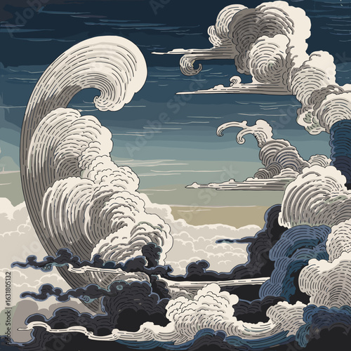 Calming swirling cloud design in Ukiyo-e style – Perfect for wellness branding, interior decor, or atmospheric background themes