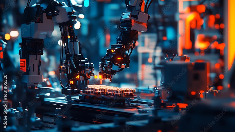 Fototapeta premium Robotic Arms Working on Assembly Line in Factory Setting