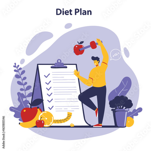 A man follows a diet planner and an exercise program for a healthier lifestyle. Vector illustration concept for wellness and nutrition.