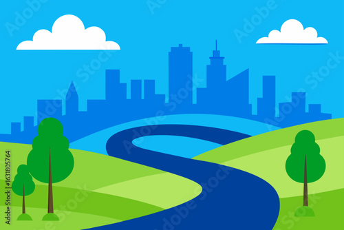 Stylized cityscape with winding river and green hills