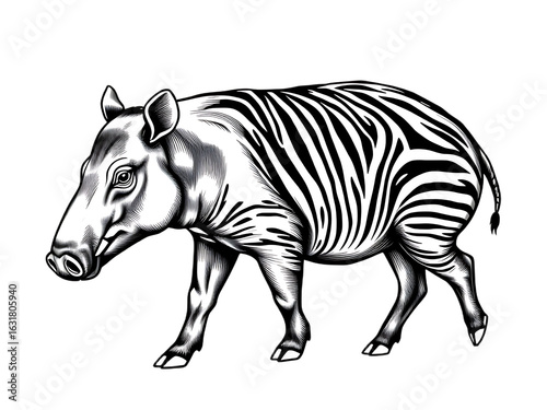 detailed black and white illustration of a tapir showing its prehensile snout, stocky body, and distinctive markings. Should be in a walking pose. Plain background.