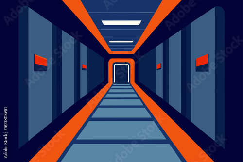 Futuristic sci fi corridor with orange accents and glowing entrance