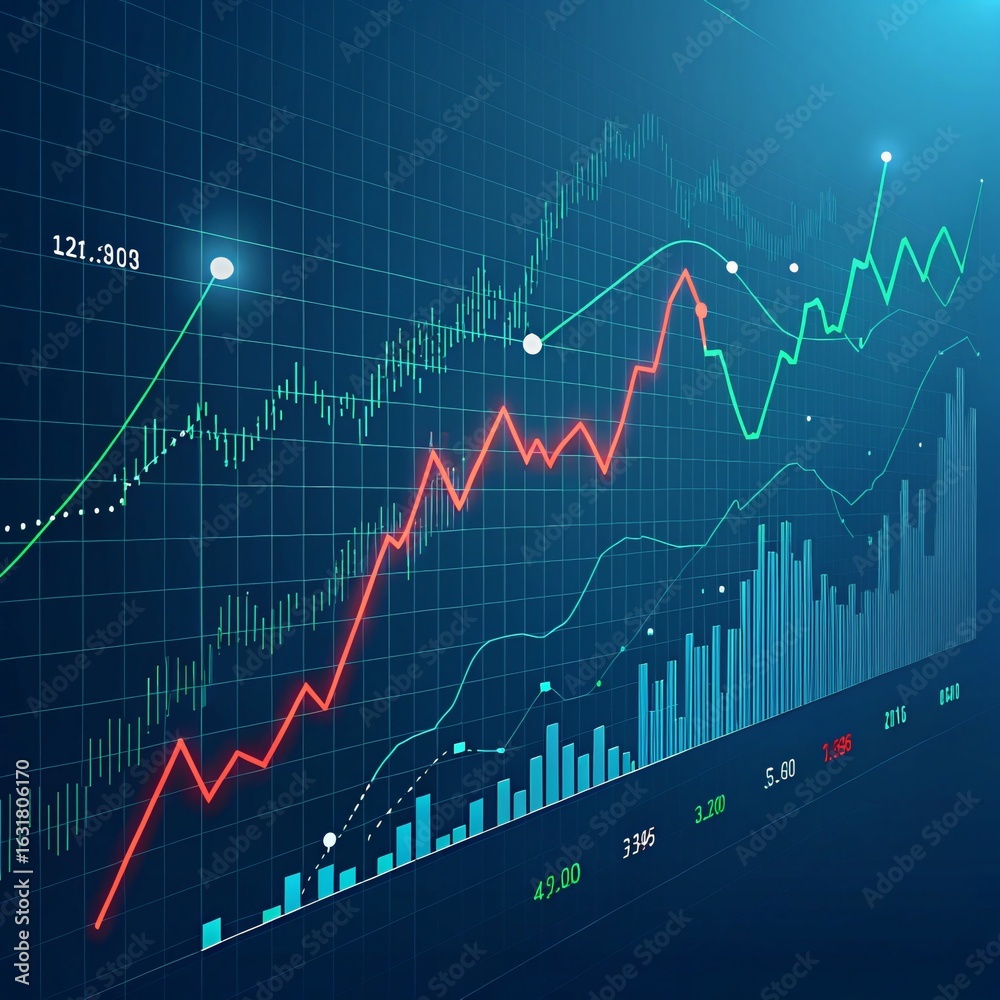 Fototapeta premium Digital graph of stock market trends with red and green lines on dark blue grid. Modern design with depth, data overlays, and glowing elements for financial analysis visuals.