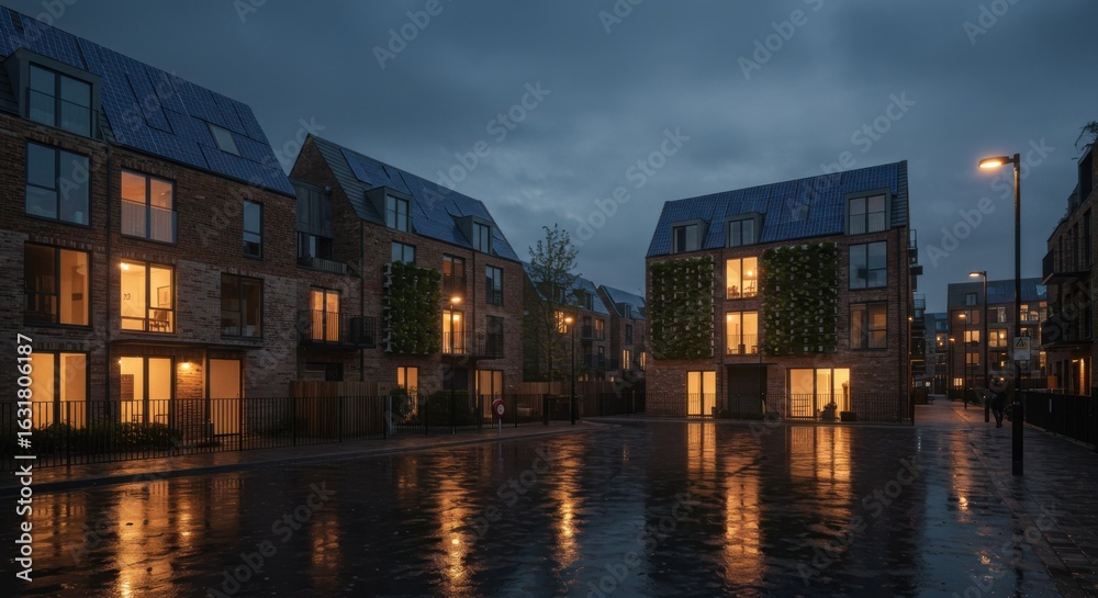 Naklejka premium Rainy night scene in a modern sustainable UK residential neighborhood