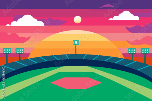 Vibrant sunset over a sports stadium with floodlights