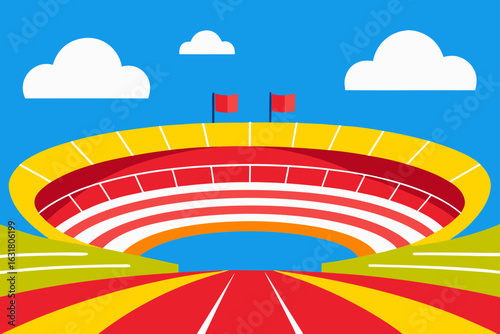 Vibrant stadium with running track and colorful seating under a blue sky