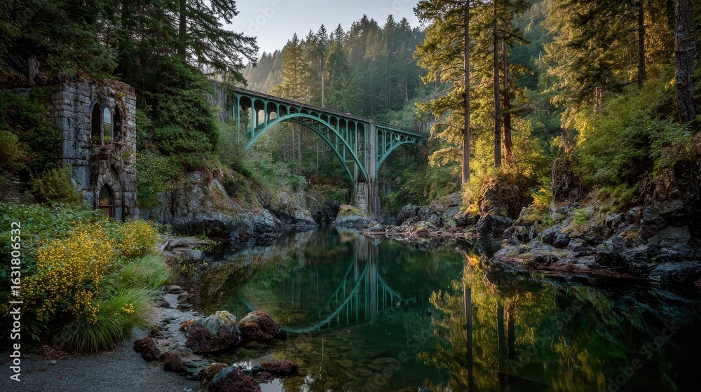Misty morning view of a green bridge over a reflecting river Misty morning view of a green bridge over a reflecting river
