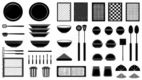 Illustration of kitchenware featuring plates bowls spoons and other cooking utensils in a black and white style silhouette