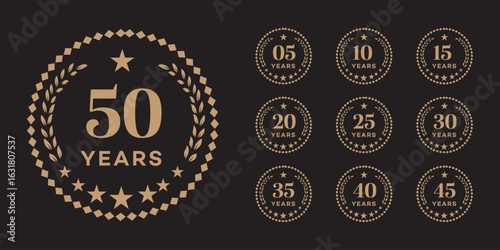Anniversary Badges 5, 10, 15, 20, 25, 30, 35, 40, 45, 50  Gold Design Set