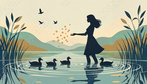 
woman feeding ducks near lake