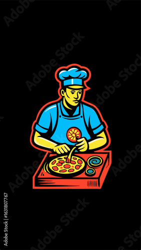 Wallpaper Mural Hand drawn a person making homemade pizza colorful image. Vintage style. Vector illustration. Torontodigital.ca