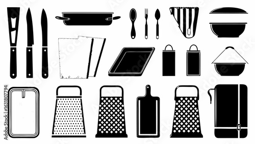 Illustration of various kitchen utensils including knives graters and cookware in black and white style silhouette