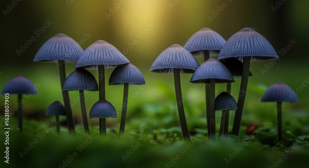 Fototapeta premium A cluster of small blue mushrooms growing on a mossy forest floor creating a magical scene