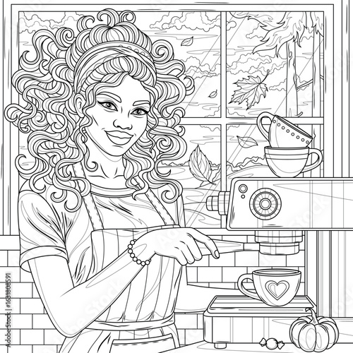 African American woman barista making coffee.Autumn.Coloring book antistress for children and adults. 