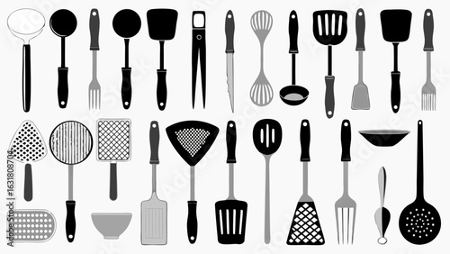Illustration of various kitchen utensils including spoons spatulas whisks and other cooking equipment items silhouette