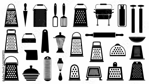 Illustration of various kitchen utensils including graters, spatulas, and other cooking equipment items silhouette